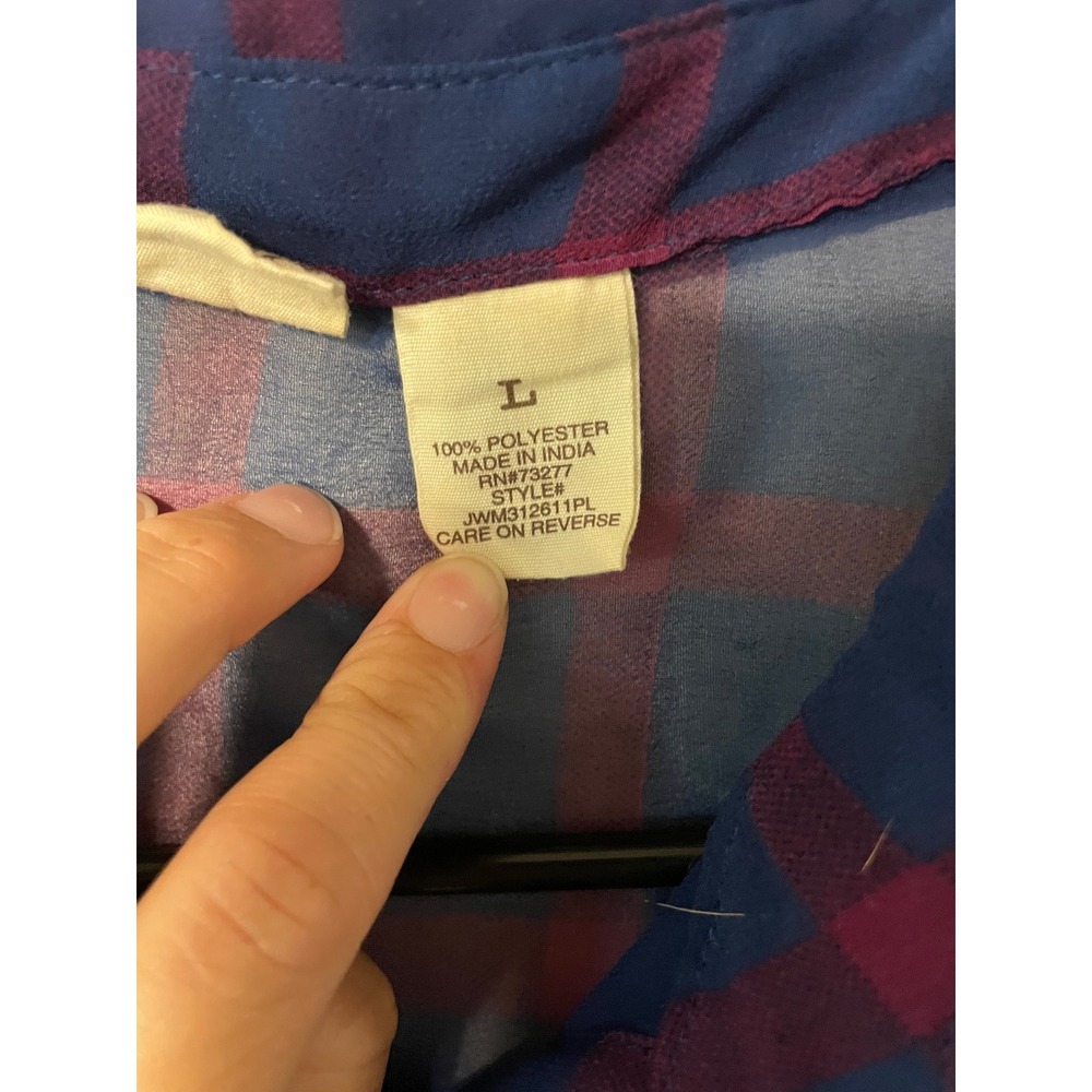 Vintage Mudd Plaid Sheer Button Down Shirt Blue Purple Large - Picture 5 of 5